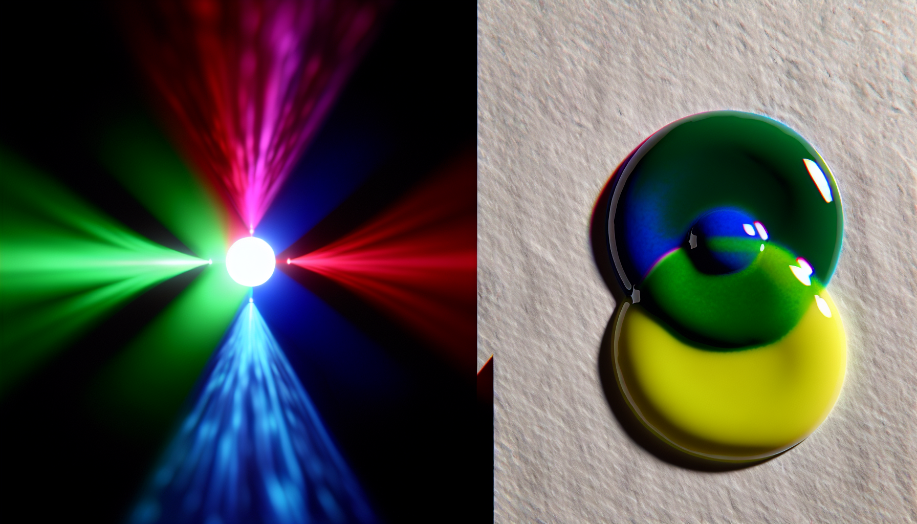 Un diagrama que compara la mezcla de color aditiva (luz RGB) y la mezcla de color sustractiva (pintura CMY).