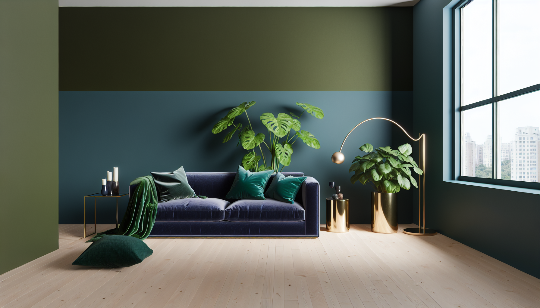 A modern living room with teal walls, a navy blue sofa, and emerald green plants.