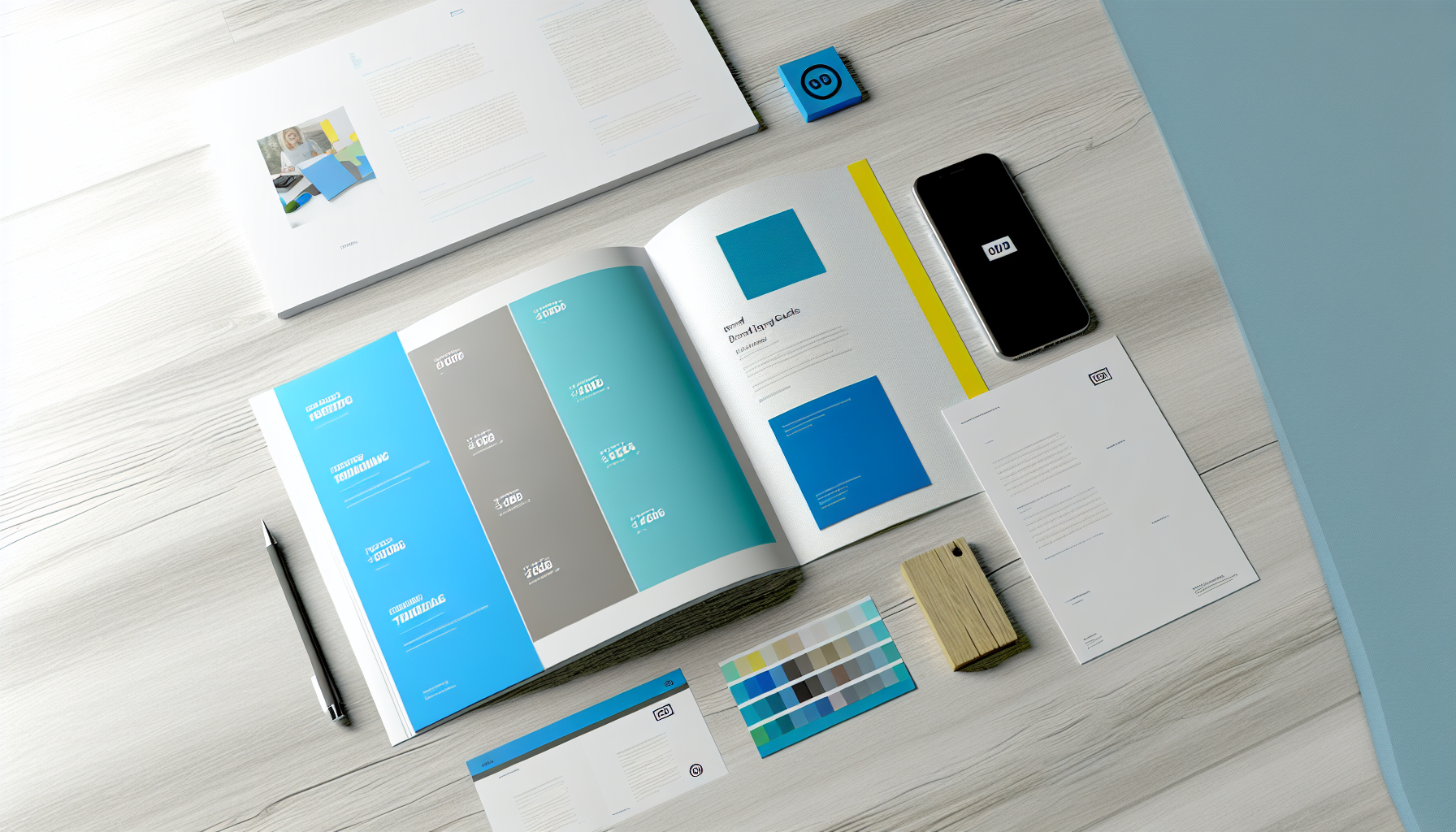 A designer's desk with a brand style guide and materials showing consistent color usage.