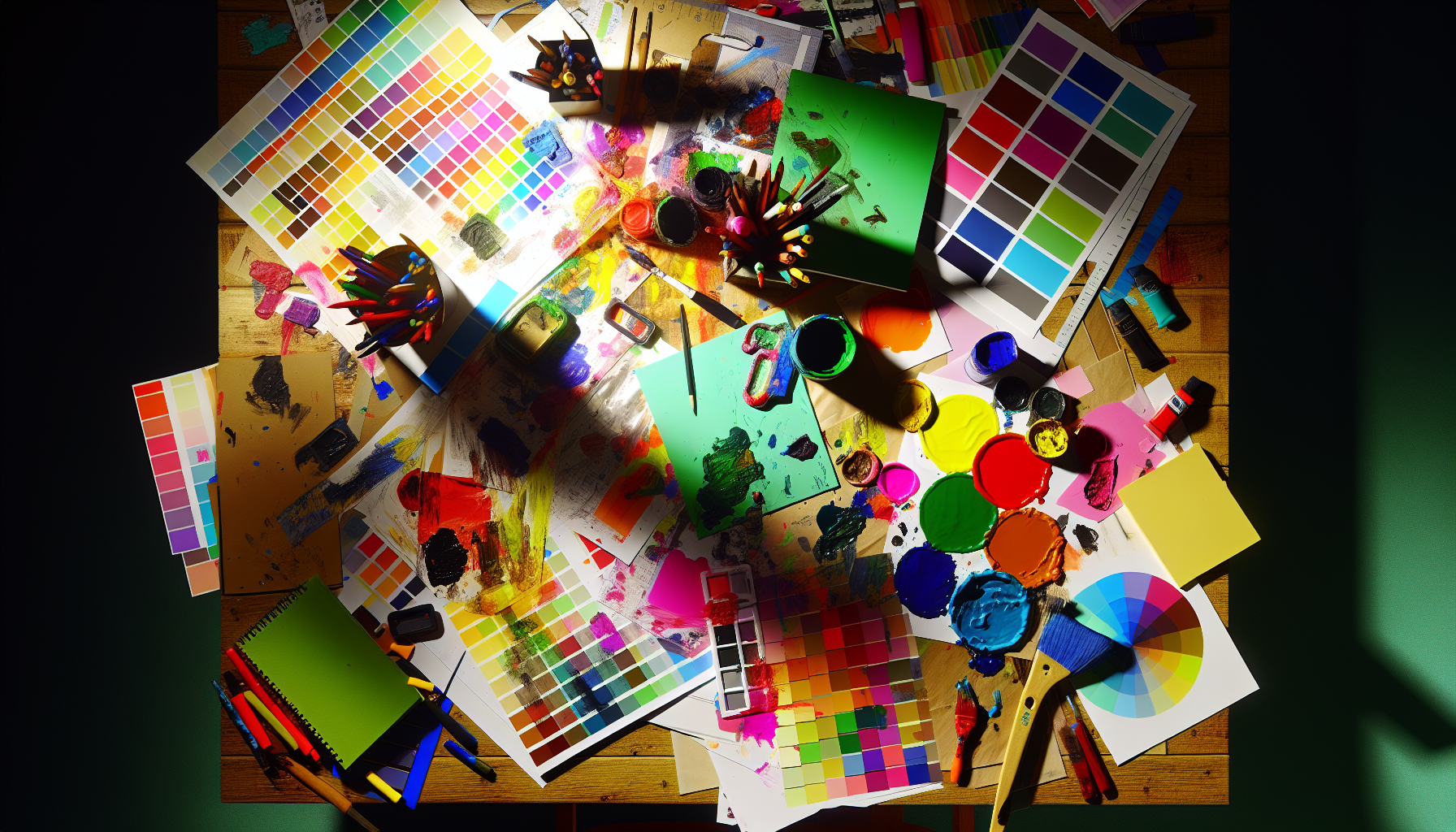 El escritorio caótico de un diseñador con muestras de colores que chocan y pintura derramada, representando errores comunes de color.