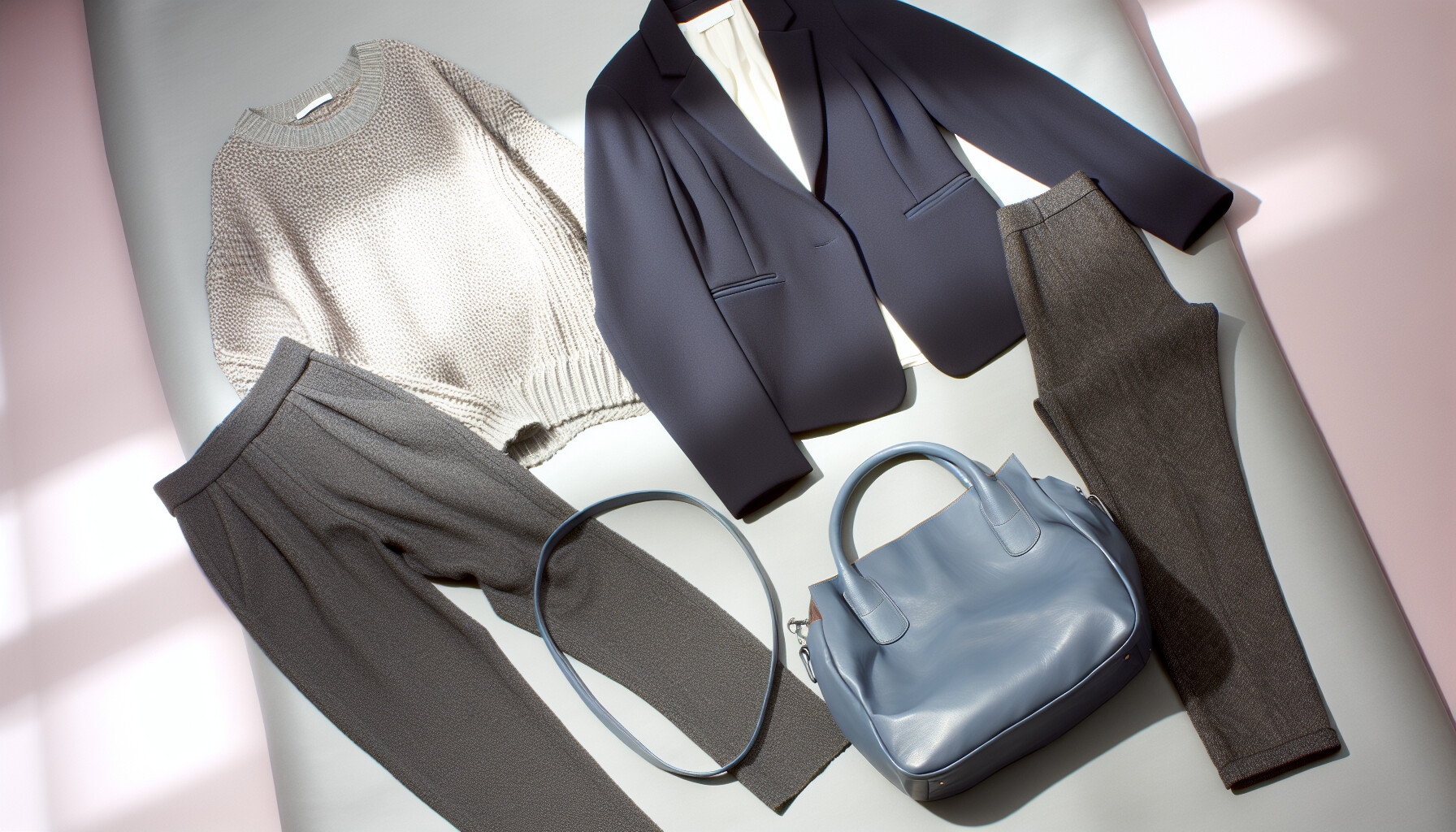 Cool Summer Neutral Color Palette A flat lay of clothing in neutral Cool Summer colors like gray, soft navy, and cool taupe.