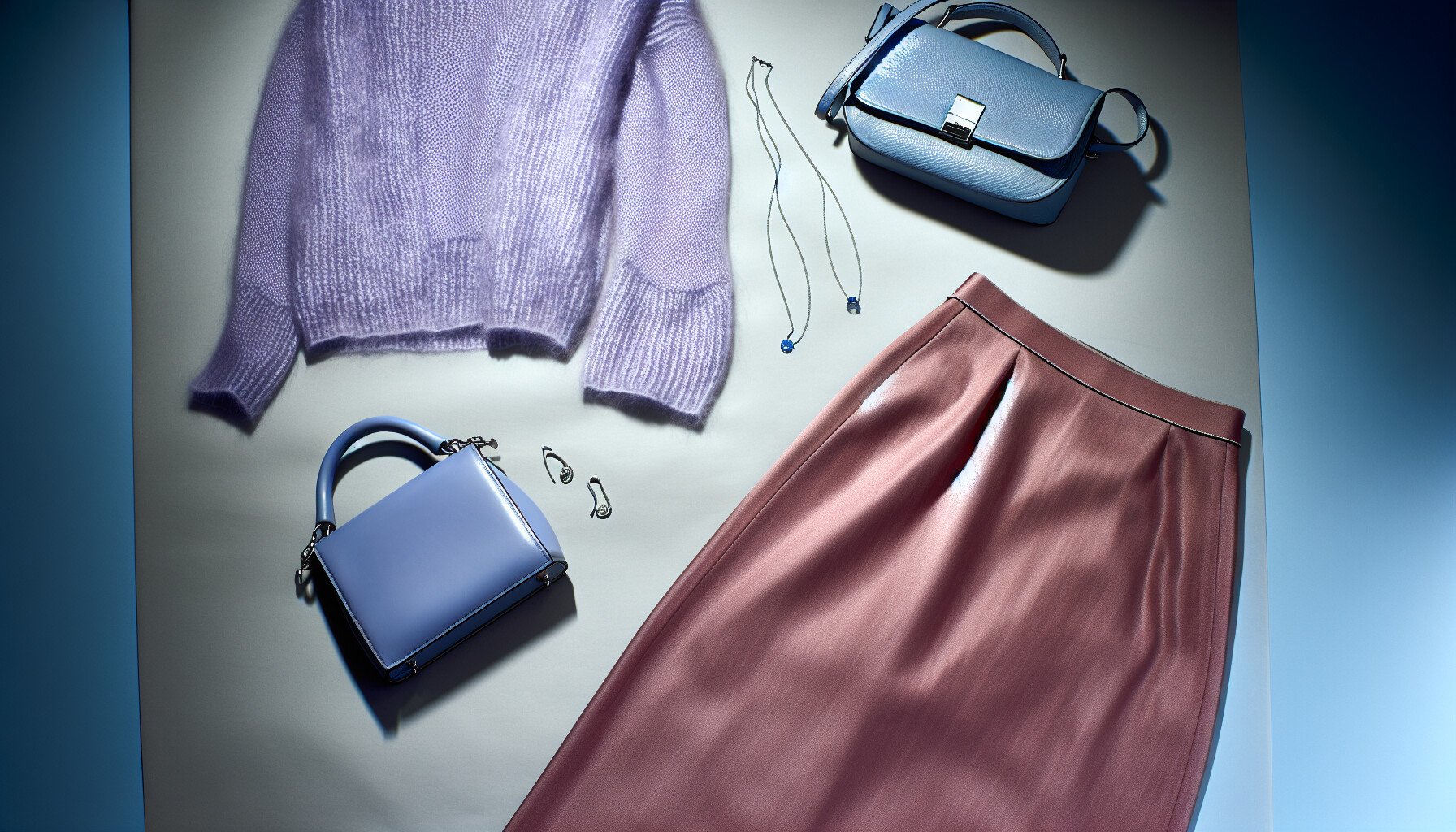 Cool Summer Analogous Color Combination Flat Lay A flat lay of a Cool Summer outfit, featuring a lavender sweater, dusty rose skirt, and cool gray accessories.