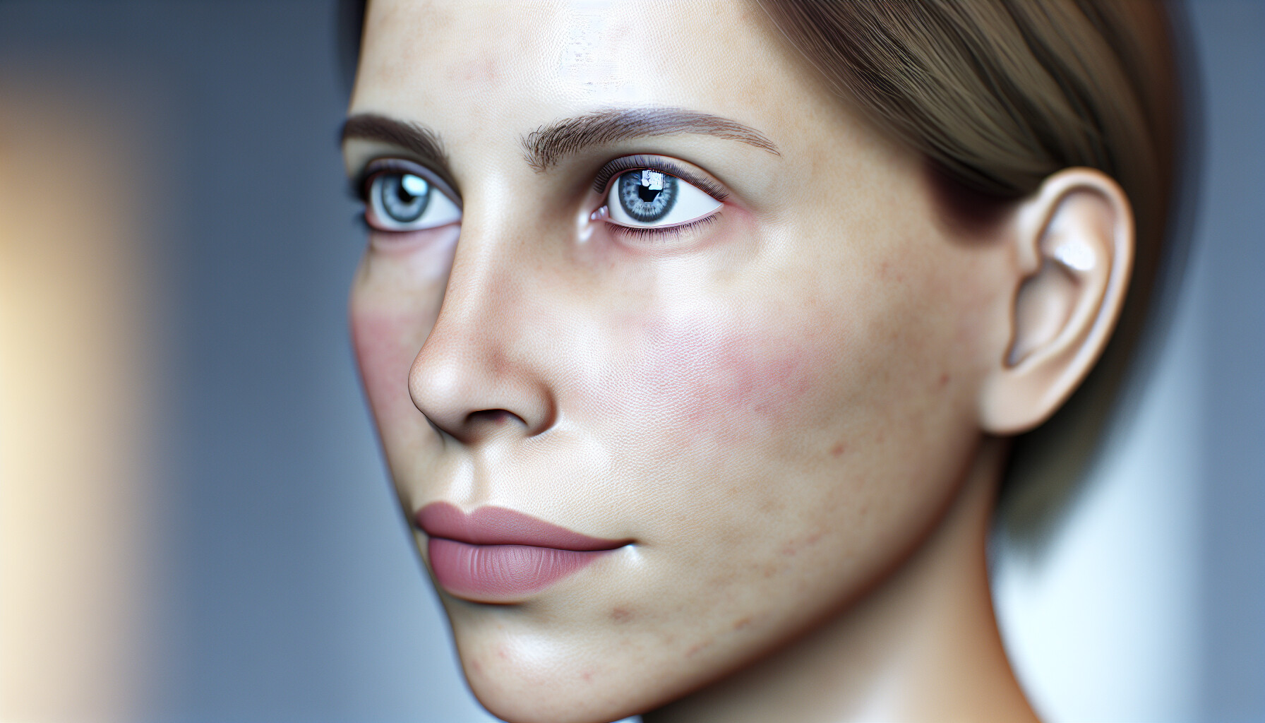 Woman with Cool Summer Color Season Features A close-up portrait of a woman with cool summer features, including ashy brown hair, soft blue eyes, and fair skin with pink undertones.