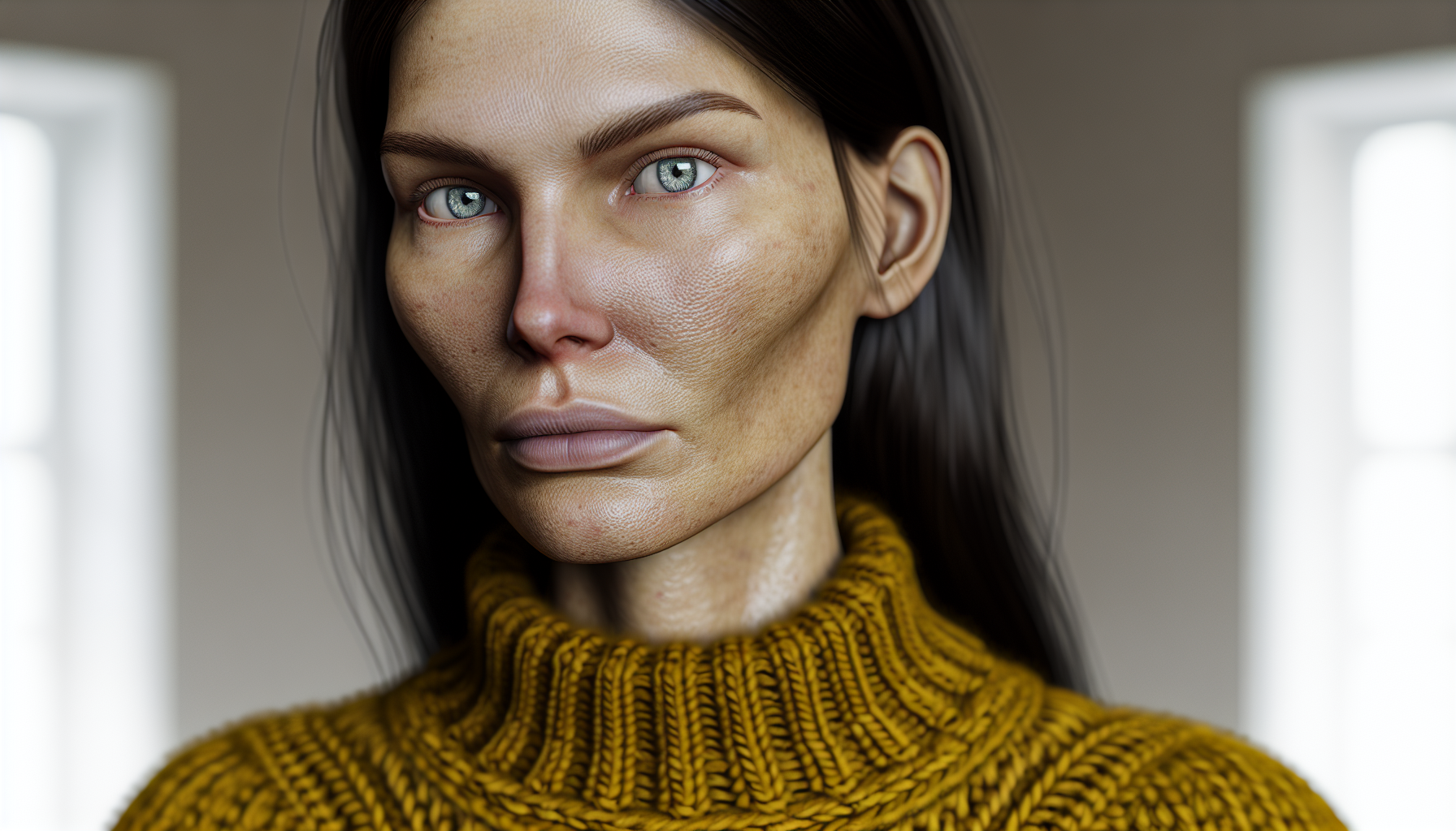 Colors to Avoid for a Deep Winter A woman with Deep Winter features looking drained while wearing a mustard-colored sweater.