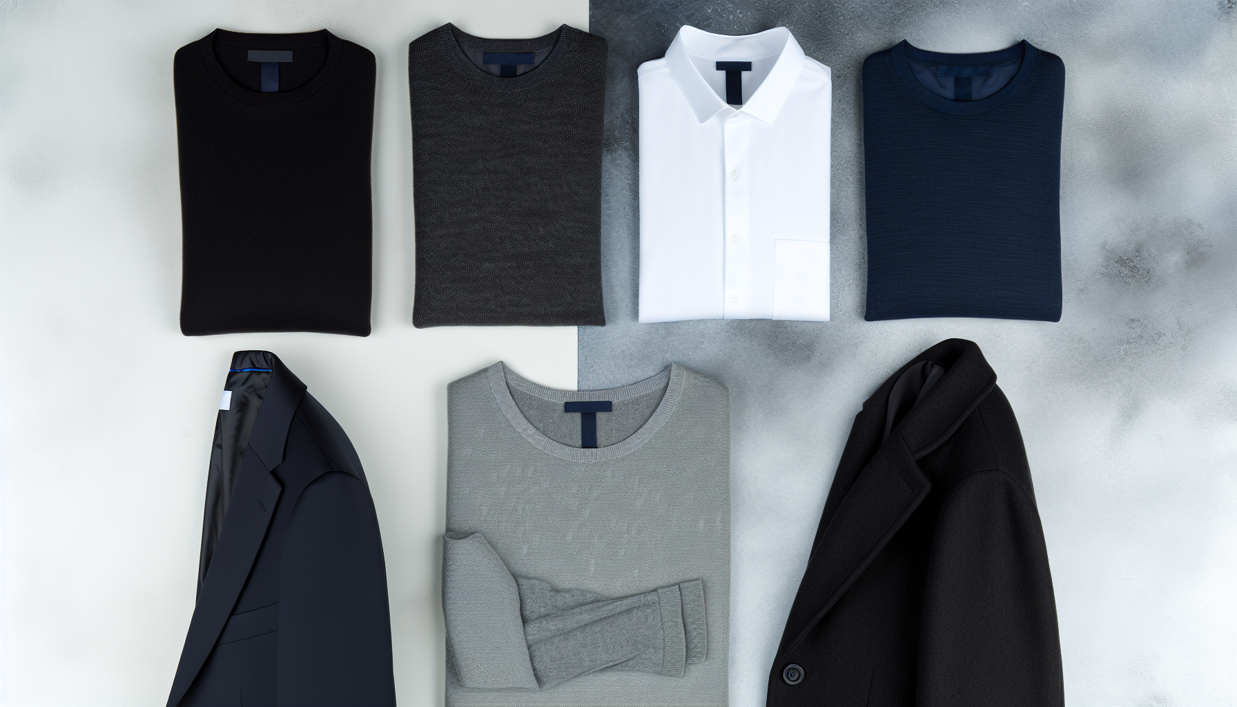 Deep Winter Neutral Colors Flat Lay A flat lay of clothing in Deep Winter neutral colors: black, white, charcoal gray, icy gray, and navy blue.
