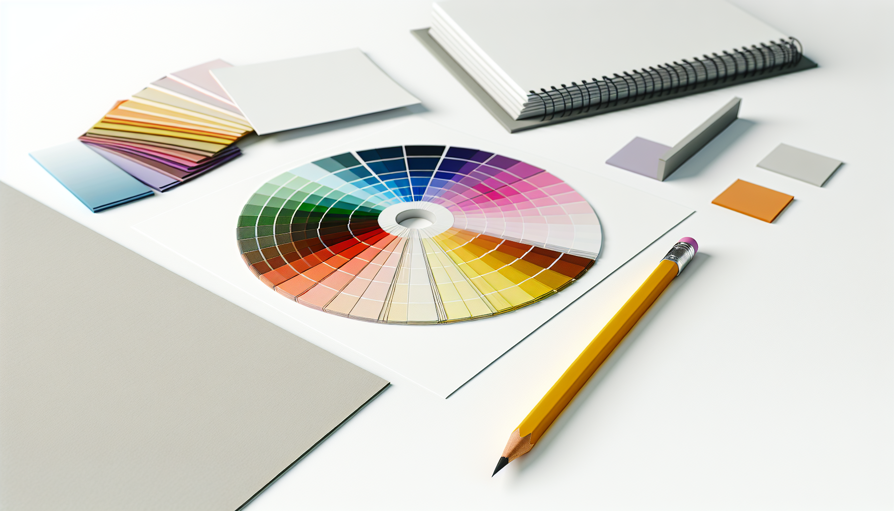 Una vista cenital del escritorio de un diseñador con un círculo cromático, muestras de color y un cuaderno de bocetos.