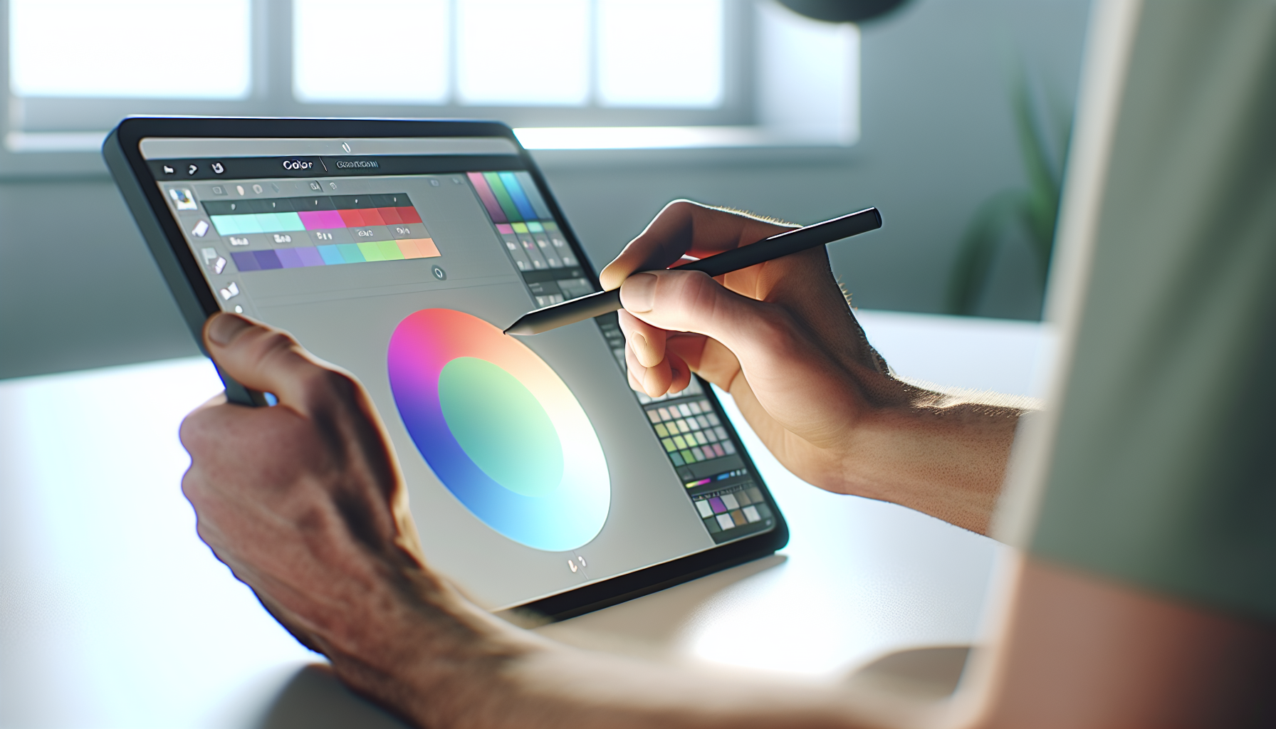 A designer's hands using a stylus on a tablet displaying a sophisticated color palette generator.