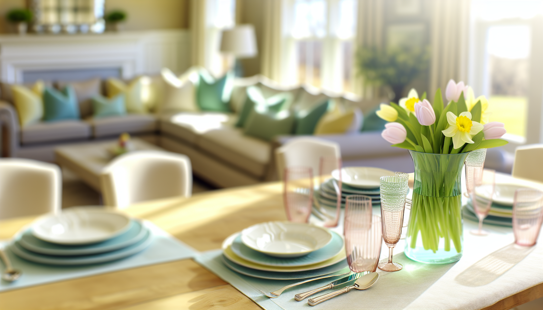 Un comedor iluminado por el sol decorado para Pascua con una paleta de colores pastel y un centro de mesa floral.