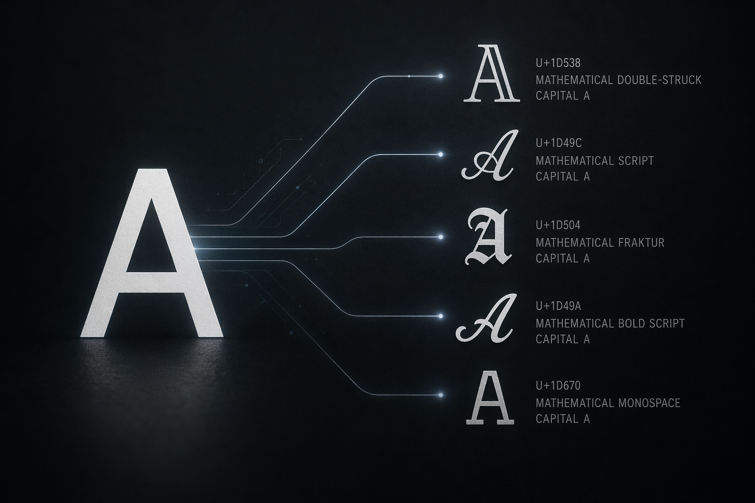 An illustration showing the letter 'A' transforming into various stylized Unicode symbol versions of 'A'.