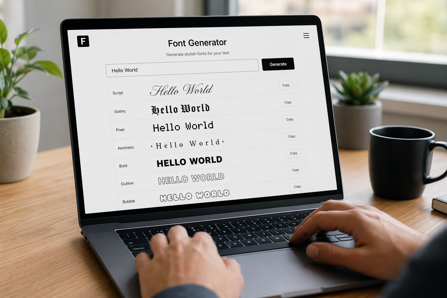 A person using a font generator on a laptop, showing various font styles on the screen.