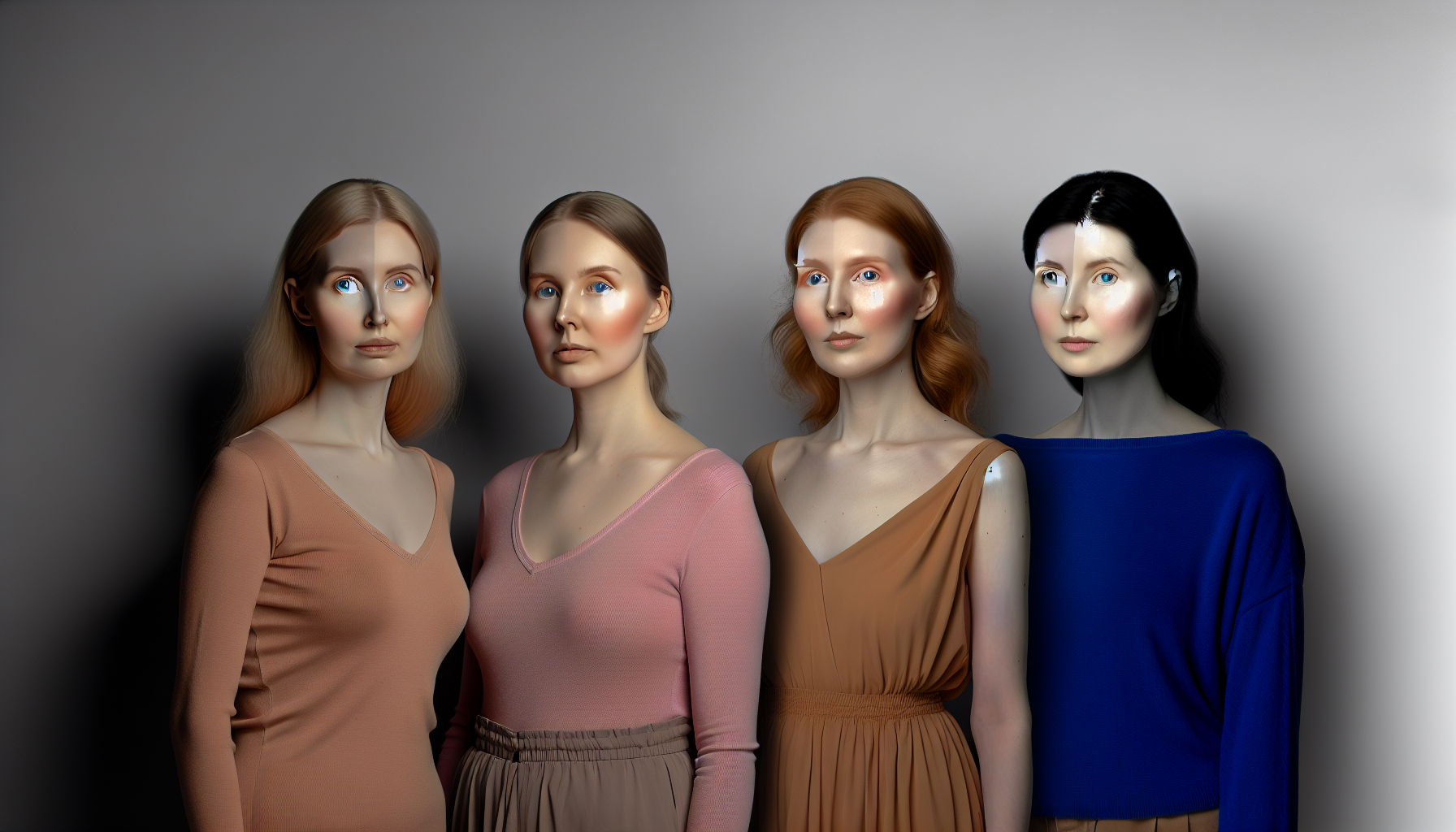 春、夏、秋、冬の各カラーシーズンを代表する4人の女性が並んでいる。