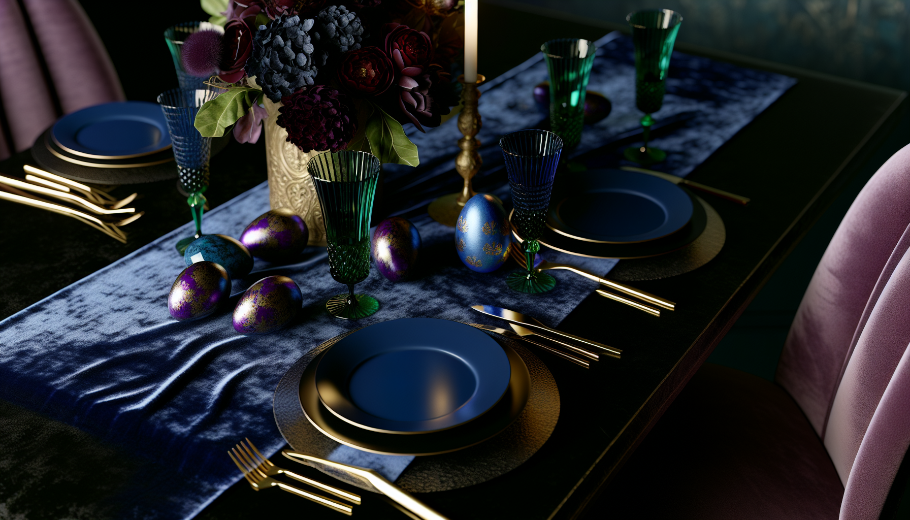 Una elegante mesa de Pascua puesta con platos de color azul zafiro, copas de color verde esmeralda y acentos dorados.