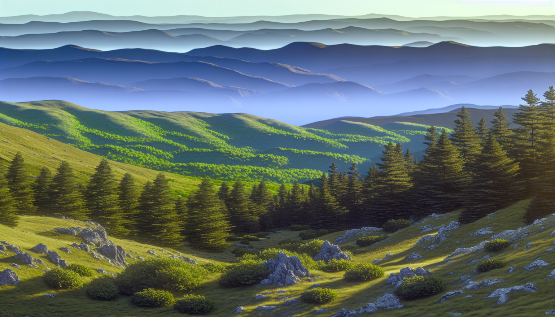 A landscape painting demonstrating atmospheric perspective with cool colors.