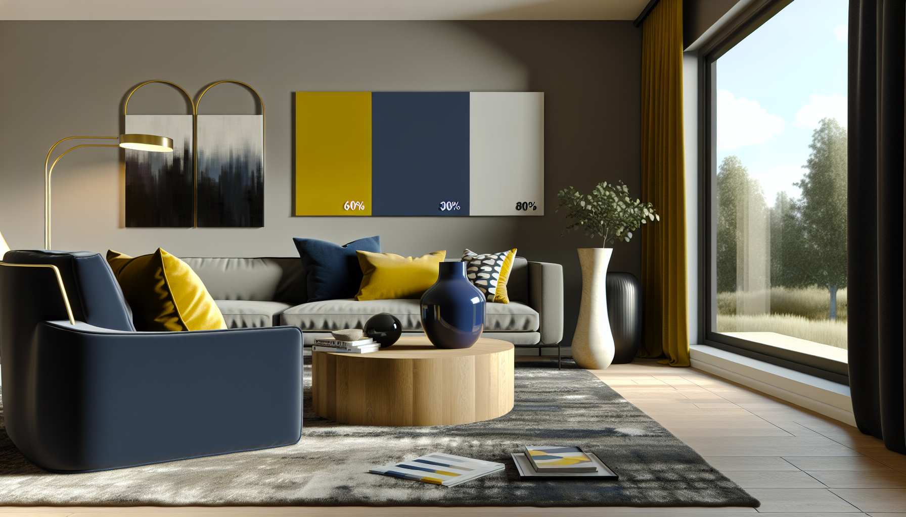 Una sala de estar moderna con paredes grises, un sillón azul y cojines de acento amarillos, que ilustra el principio de diseño 60-30-10.