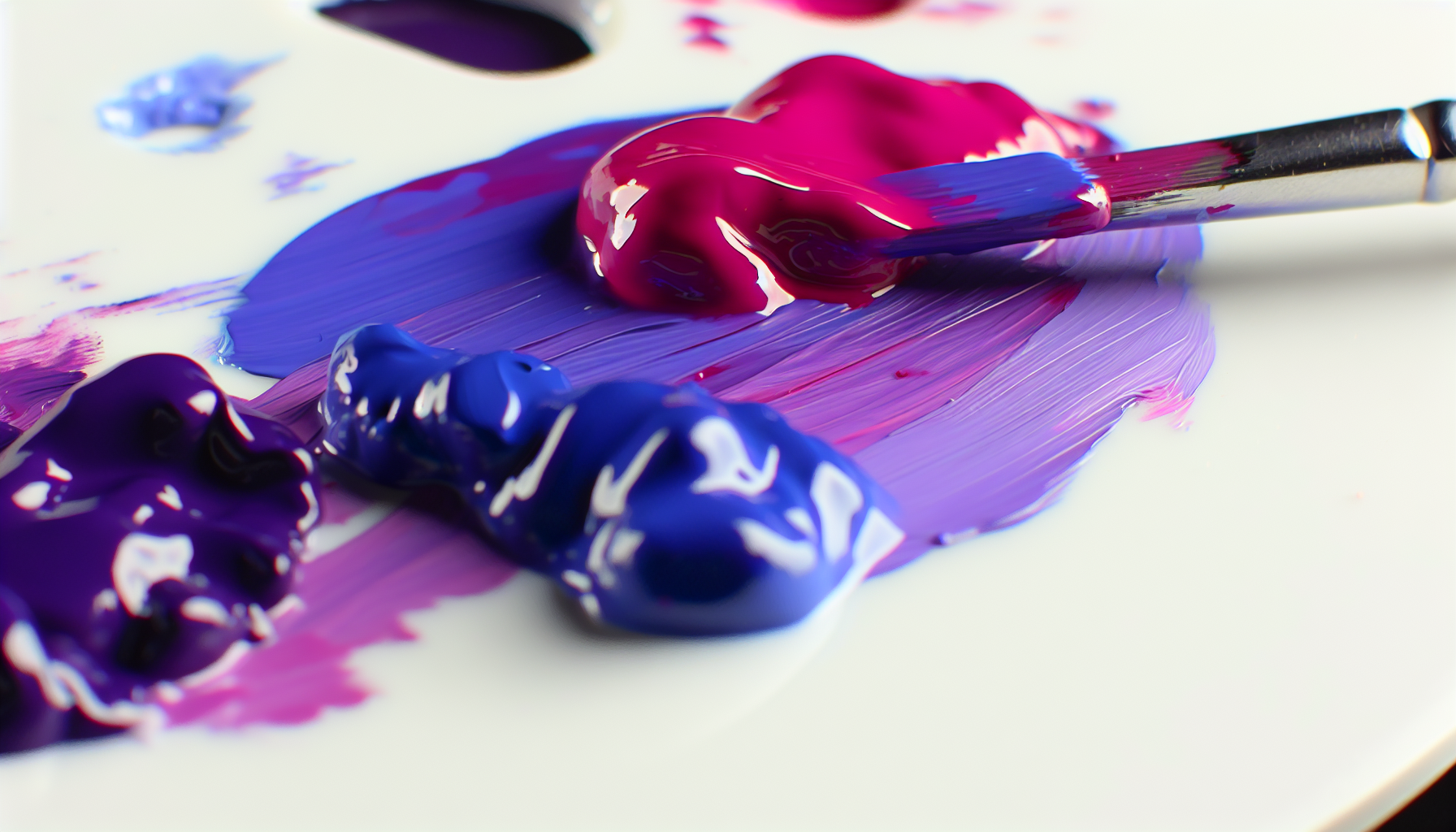 A top-down view of pink and blue paint being mixed together on a white surface to create various shades of purple.