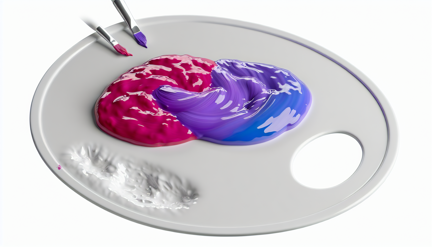 A swirl of pink and blue paint mixing together on a white surface to create shades of purple.