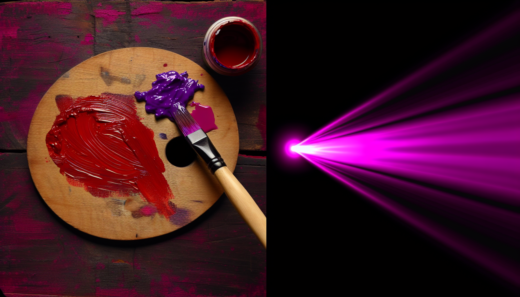 A split image showing red and purple paint being mixed on the left, and red and purple light beams mixing on the right.
