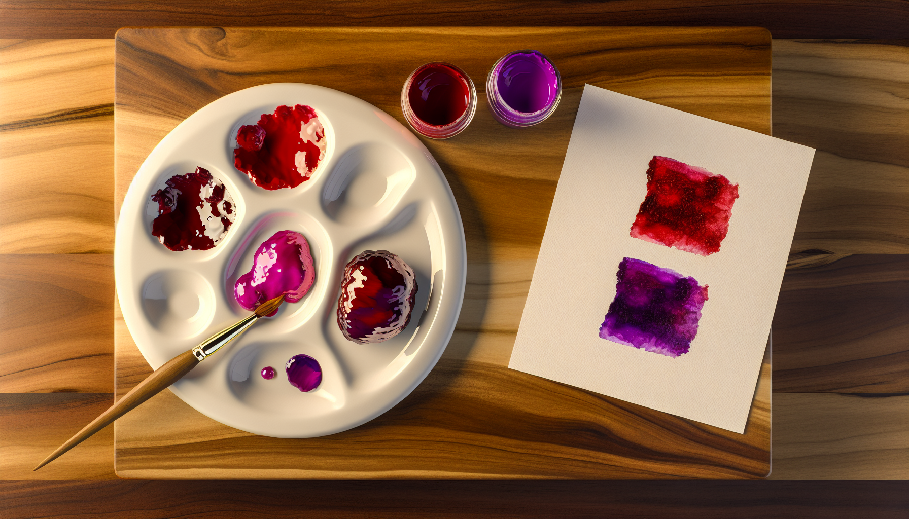 A top-down view of red and purple paint being mixed on a palette to create shades of magenta.