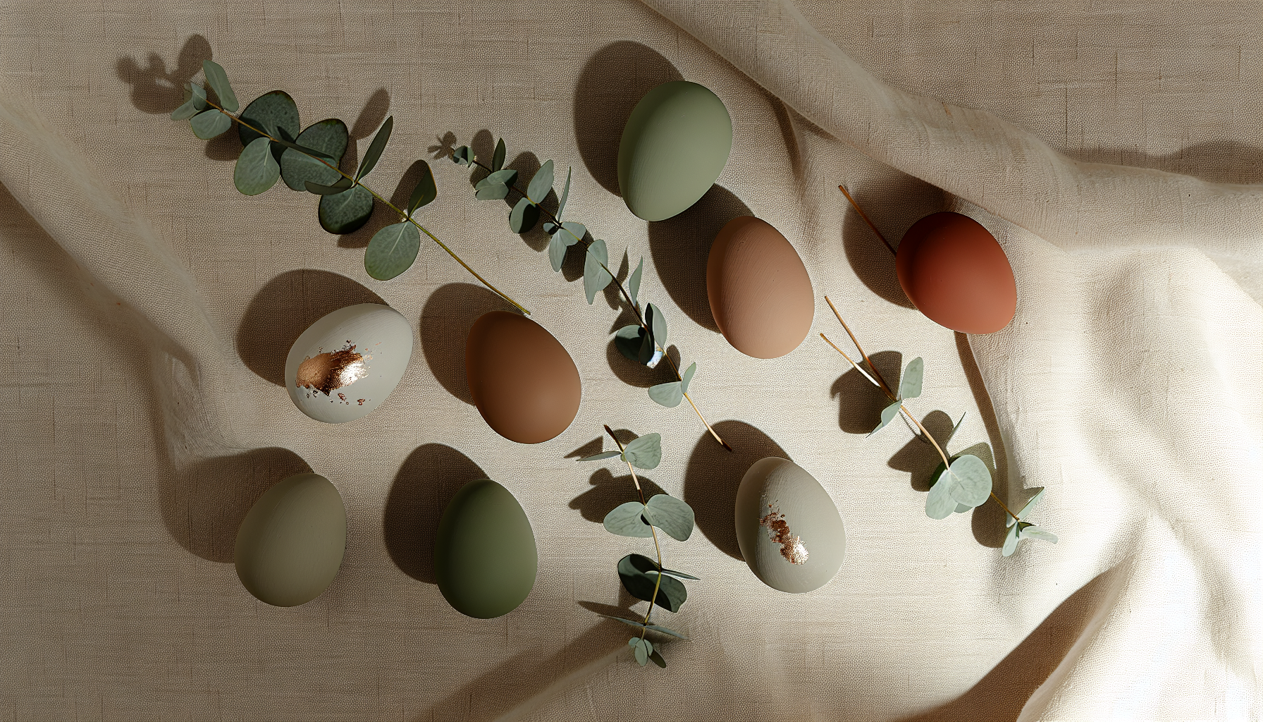 Una composición plana de huevos de Pascua modernos en verde salvia, terracota y crema con acentos dorados.
