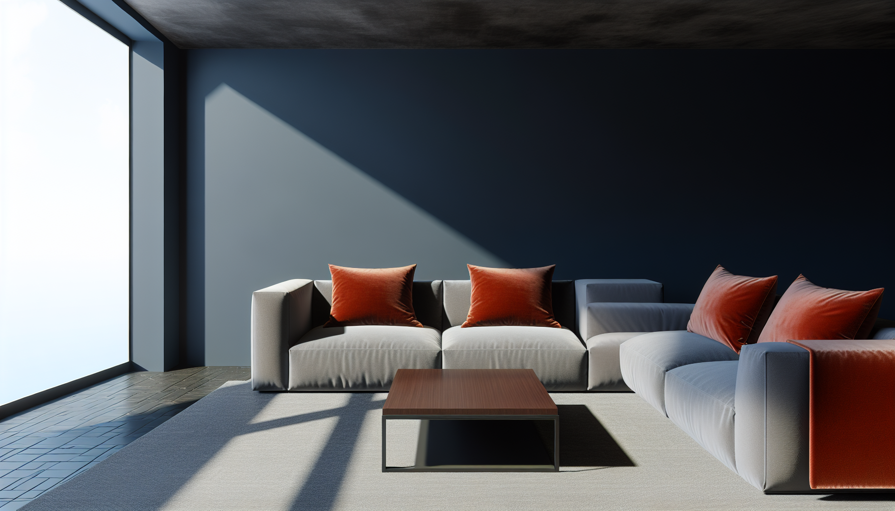 A modern living room with navy blue walls, a gray sofa, and vibrant orange accent pillows and decor.