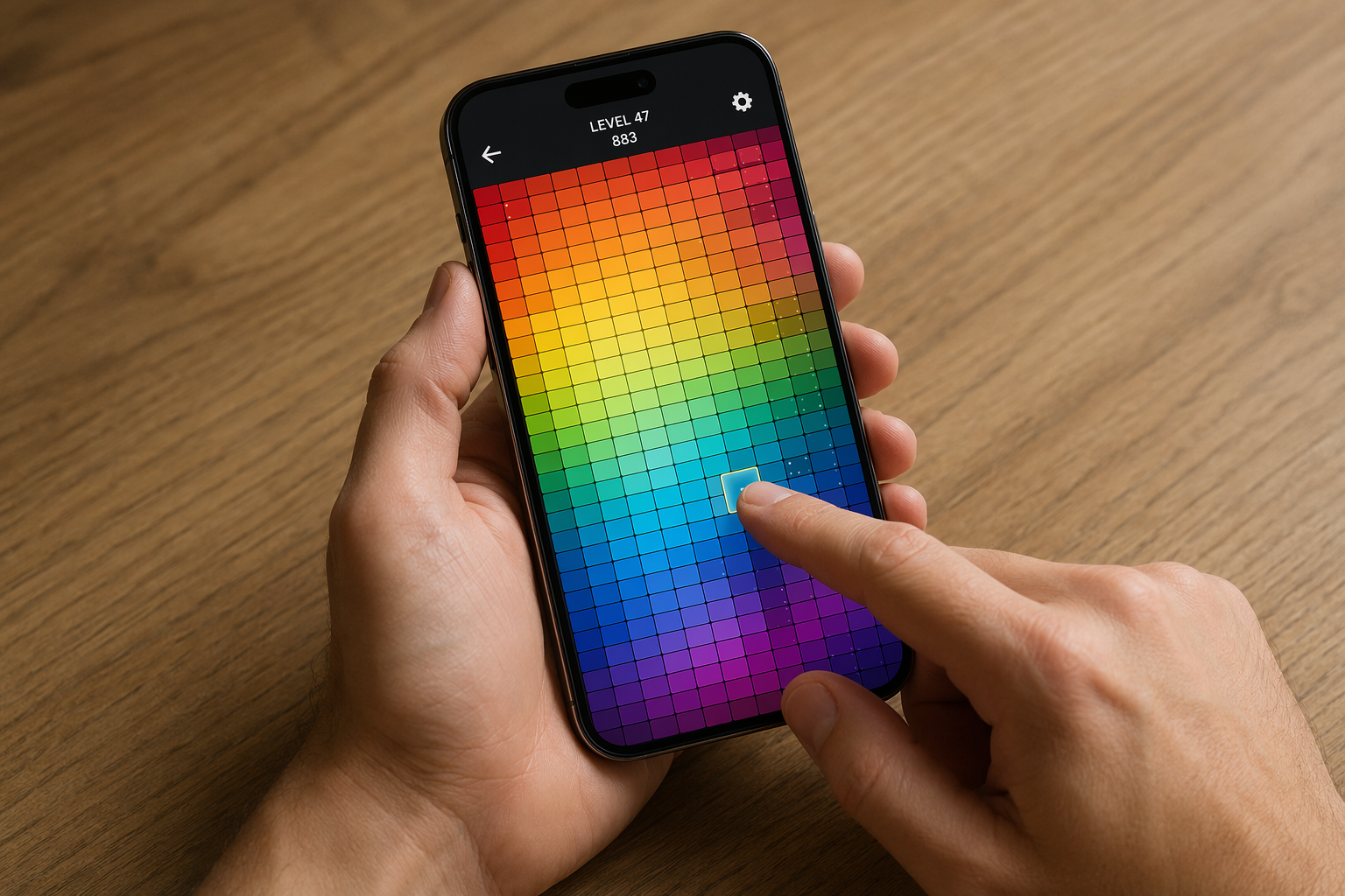 A person holding a smartphone, playing a vibrant color puzzle game with gradient tiles.