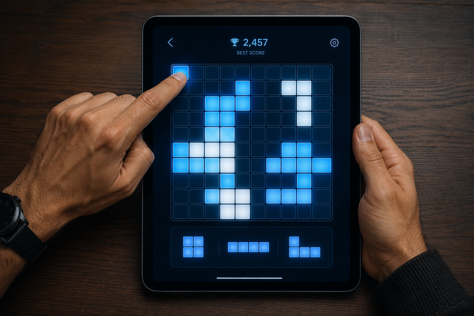 A person's hands playing a color tiles puzzle game on a tablet, demonstrating the corner-first strategy.