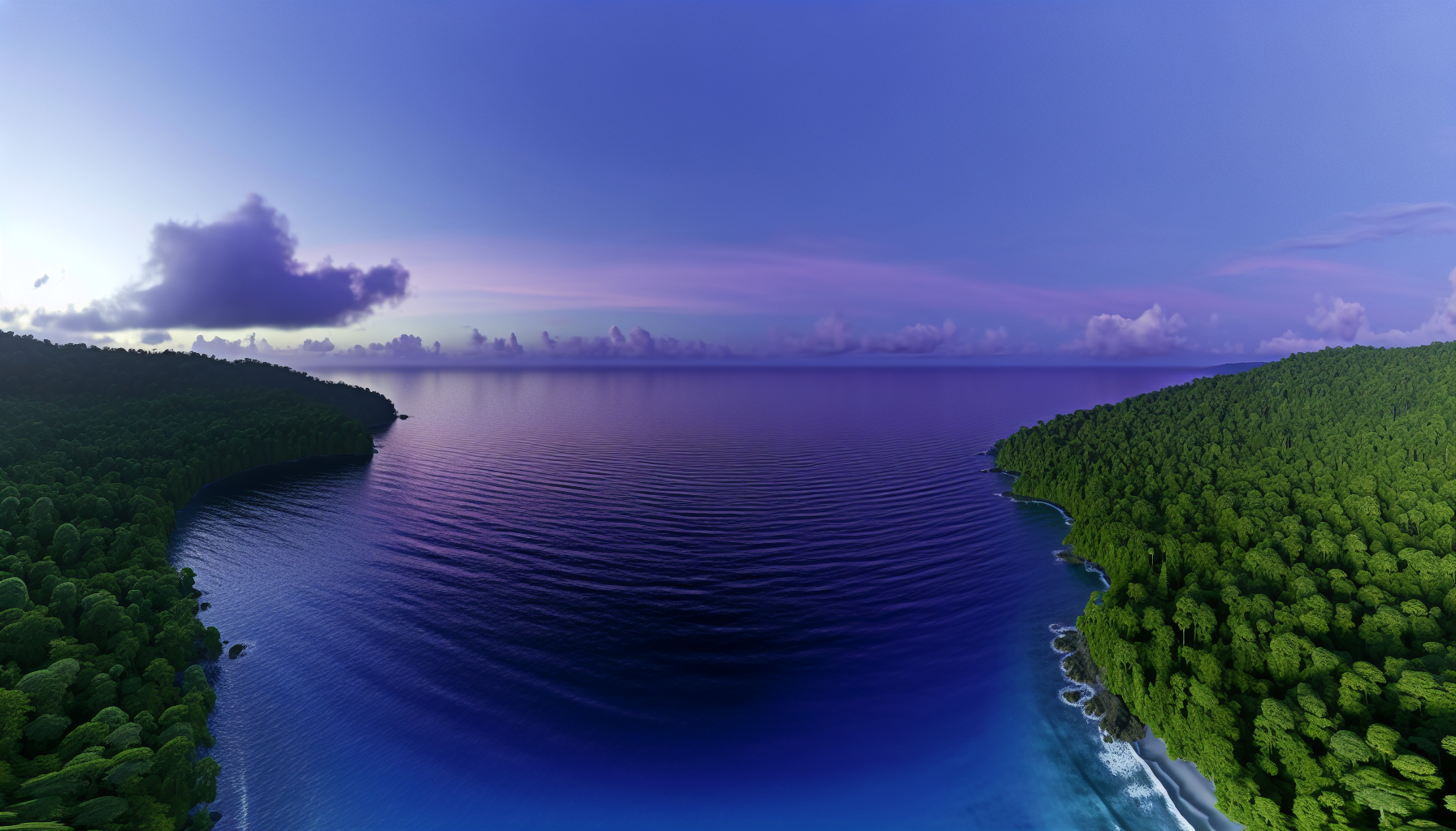A serene landscape where a lush green forest meets a calm blue ocean under a purple-hued sky.