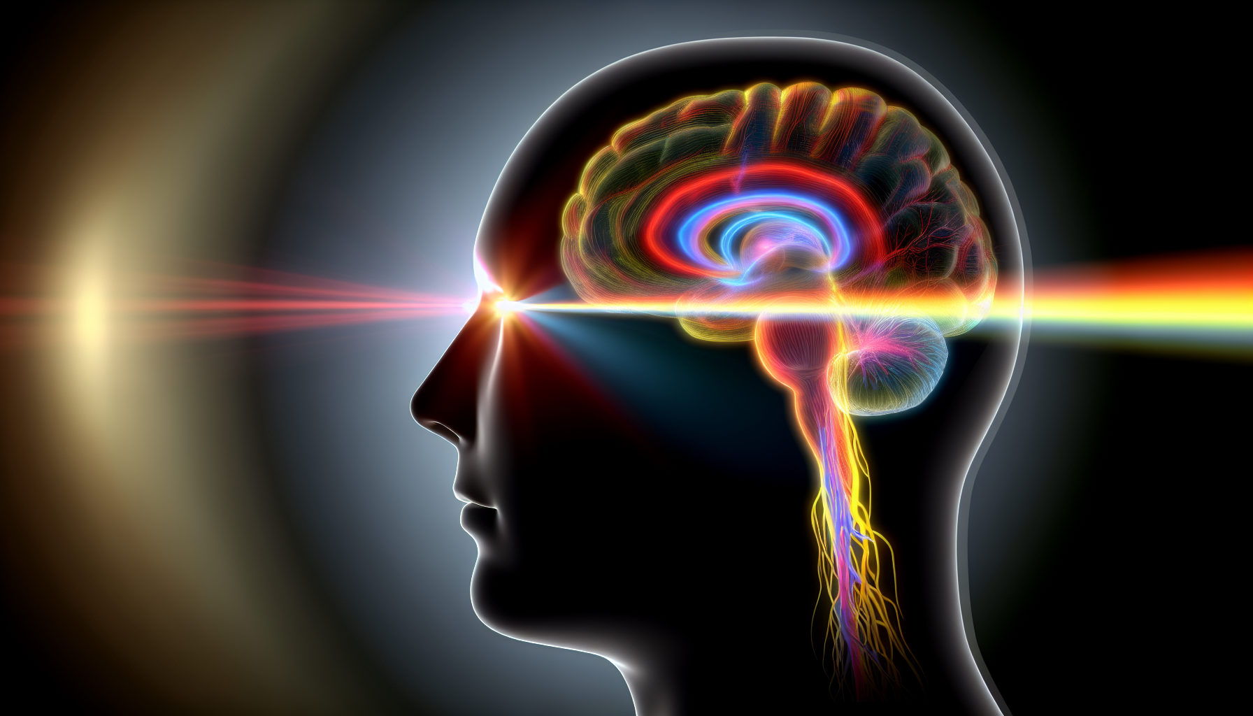 色とりどりの光が目に入り、脳を活性化させる様子を示す人間の頭部の科学的なイラスト。
