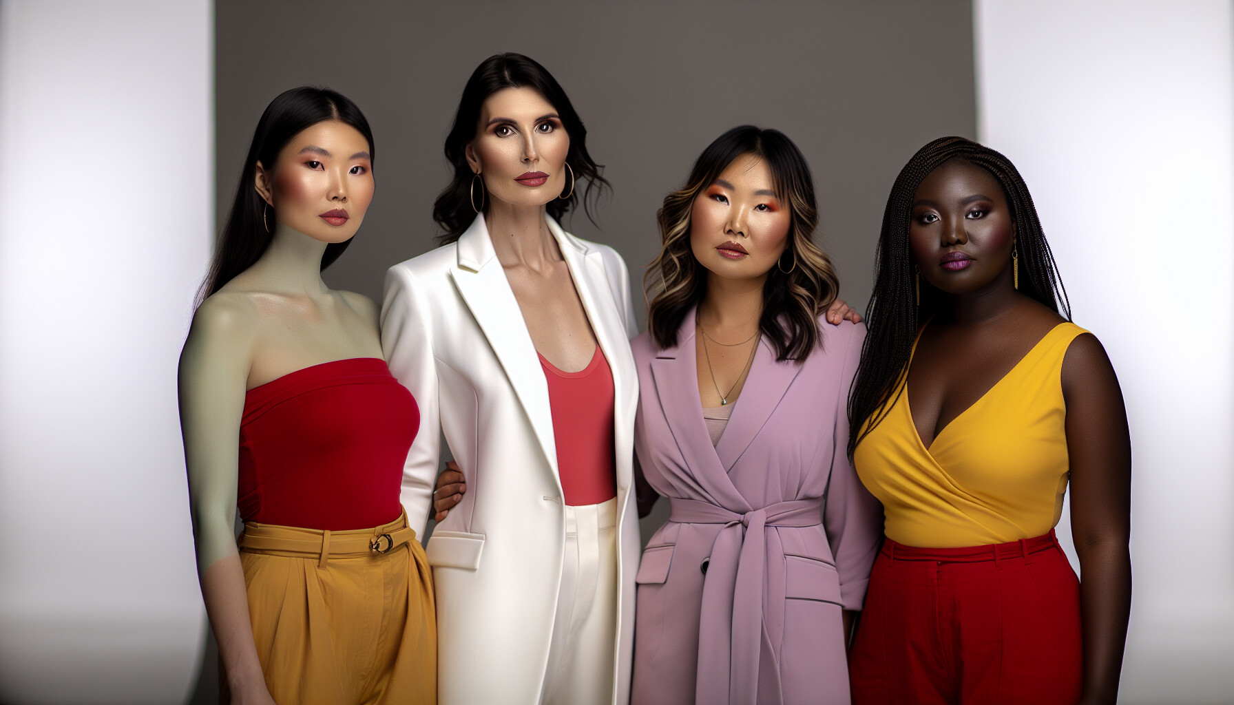 Four diverse women representing the four color seasons: Winter, Spring, Summer, and Autumn, dressed in their respective color palettes.
