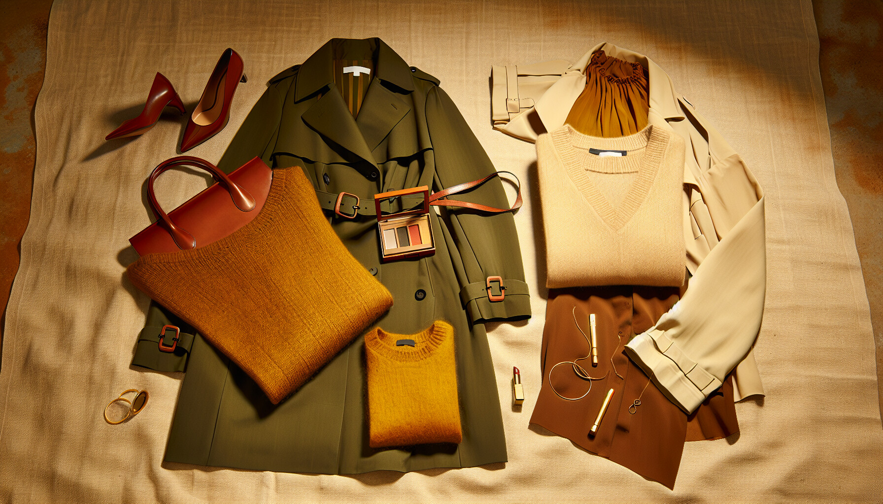 A flat lay of women's clothing and accessories arranged according to a seasonal color palette.