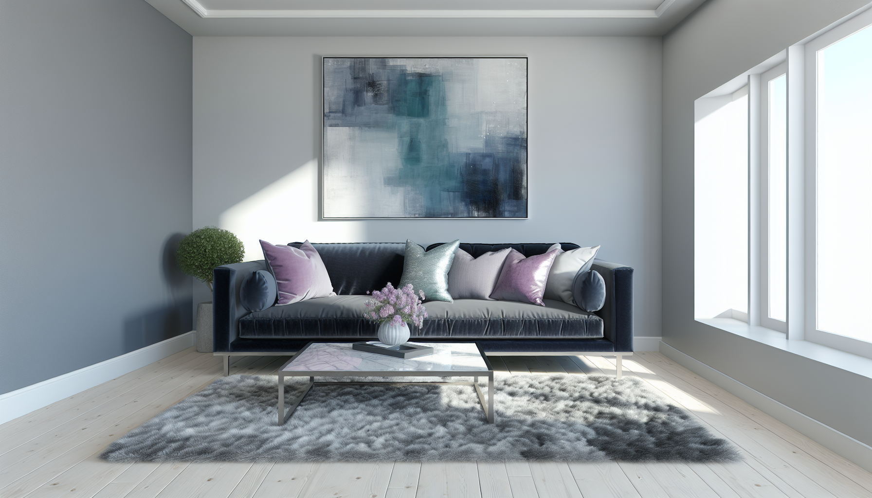 A modern living room designed with a cool color palette of blues, greens, and purples, creating a calm atmosphere.