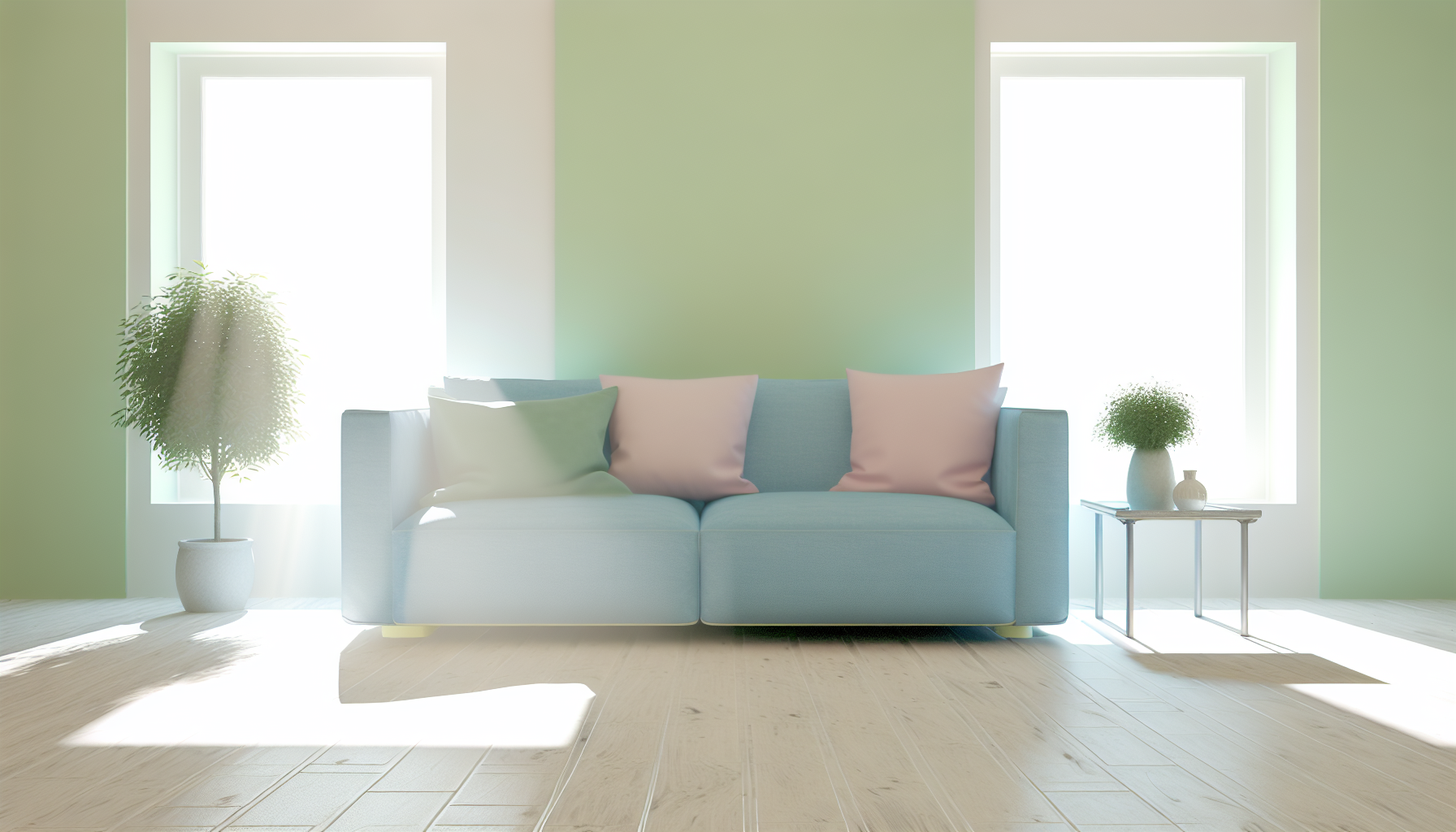 Una sala de estar serena decorada con una paleta de colores pastel suaves, creando una atmósfera tranquila y pacífica.