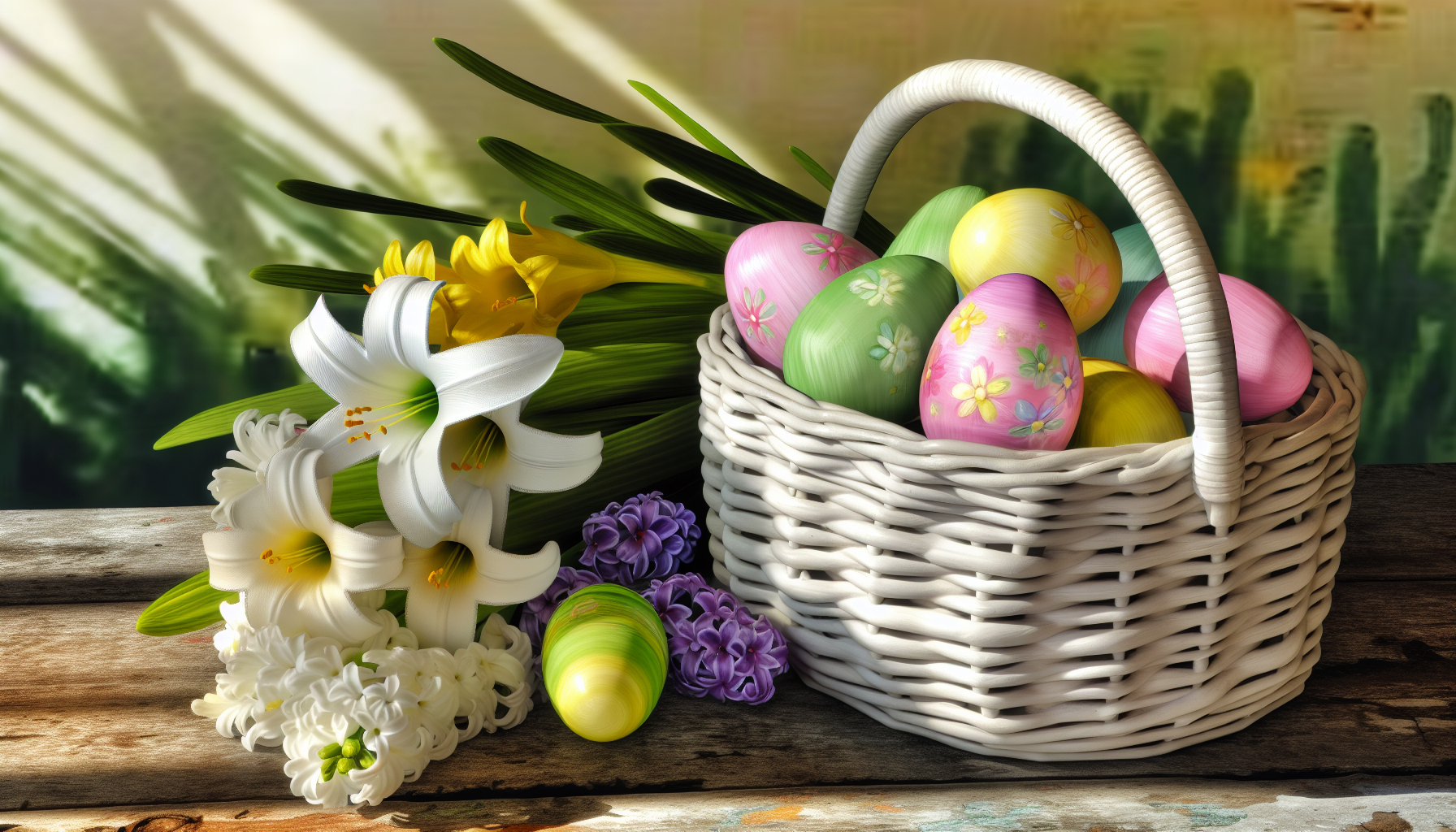 Un bodegón que muestra los colores tradicionales de la Pascua con una cesta de huevos pintados y flores de primavera.