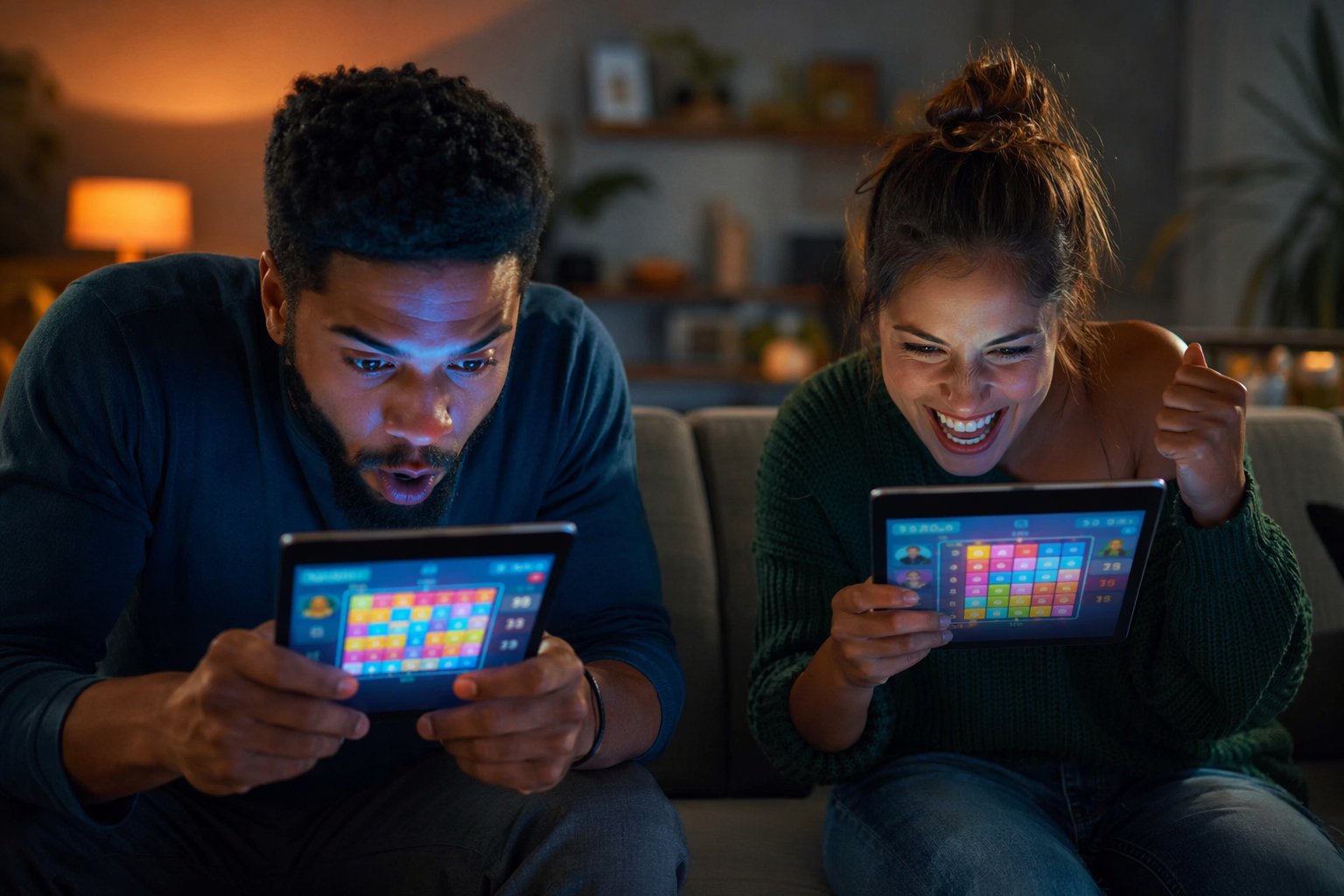 Two people competing in a fast-paced multiplayer tile puzzle game on their tablets.