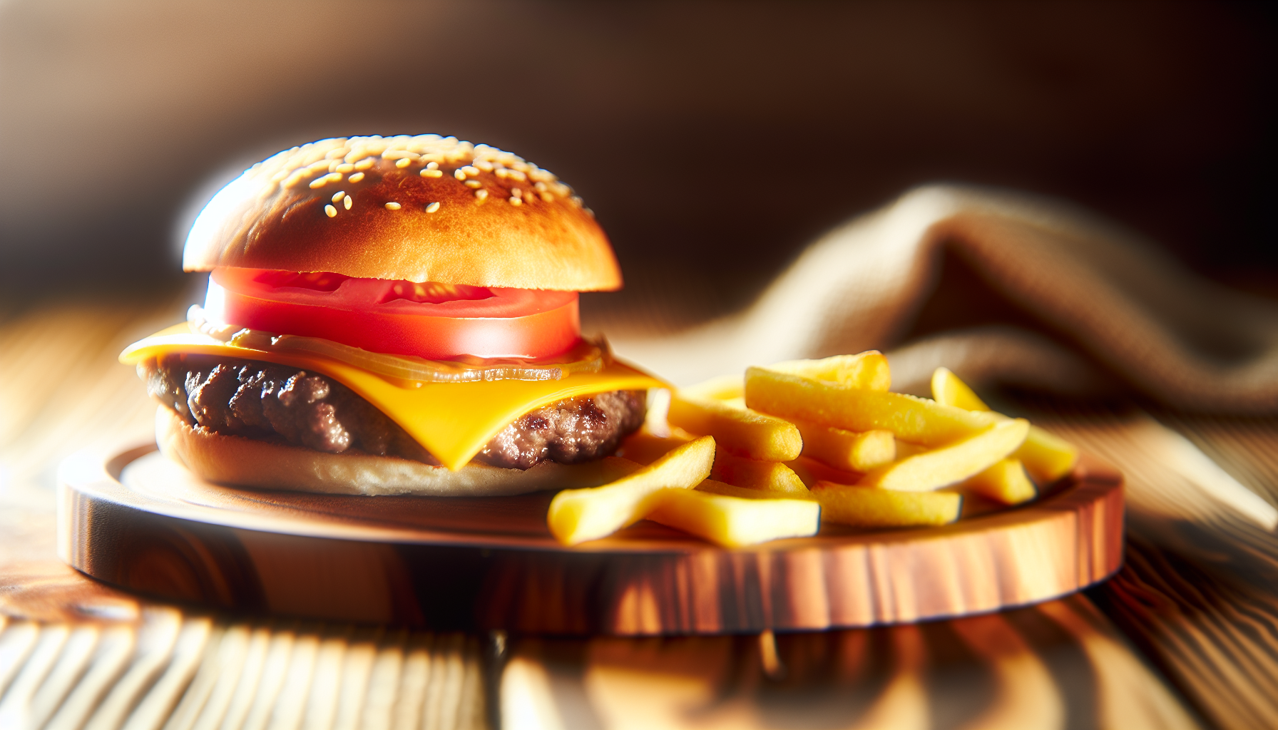 A delicious burger and fries on a wooden board, showcasing a warm color palette.