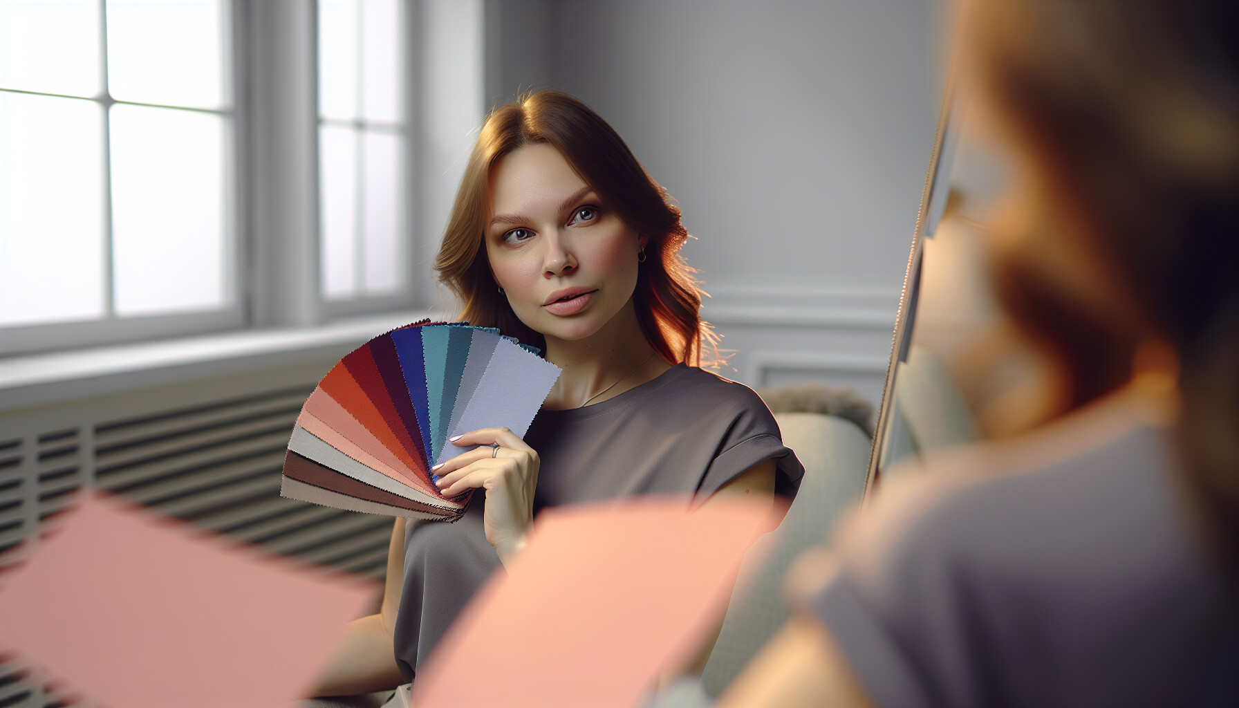 A woman holds different colored fabric swatches up to her face to determine her personal color palette.