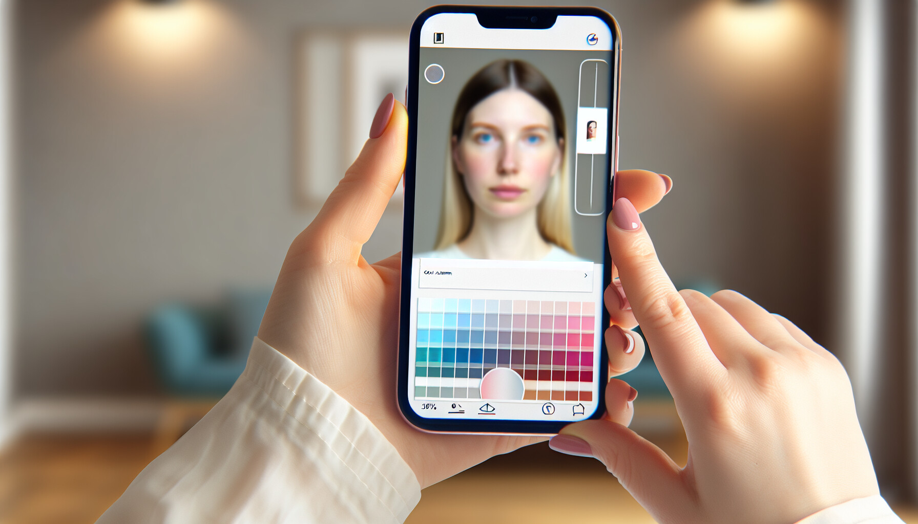 A woman holds a smartphone, with the screen showing a color analysis app analyzing her selfie and displaying a color palette.